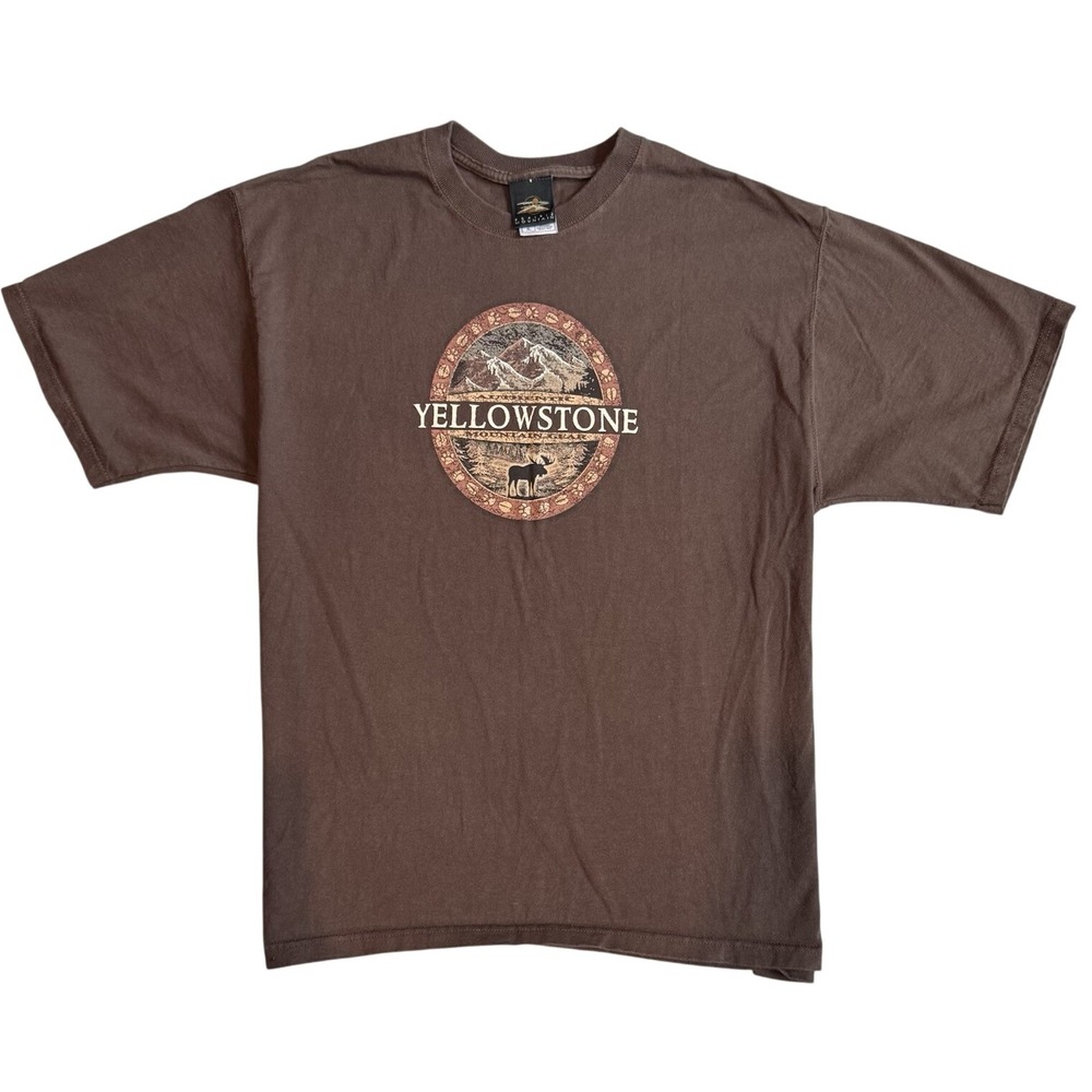 VTG Yellowstone National Park Graphic T-Shirt Brown Elk Nature Outdoor Size L/XL